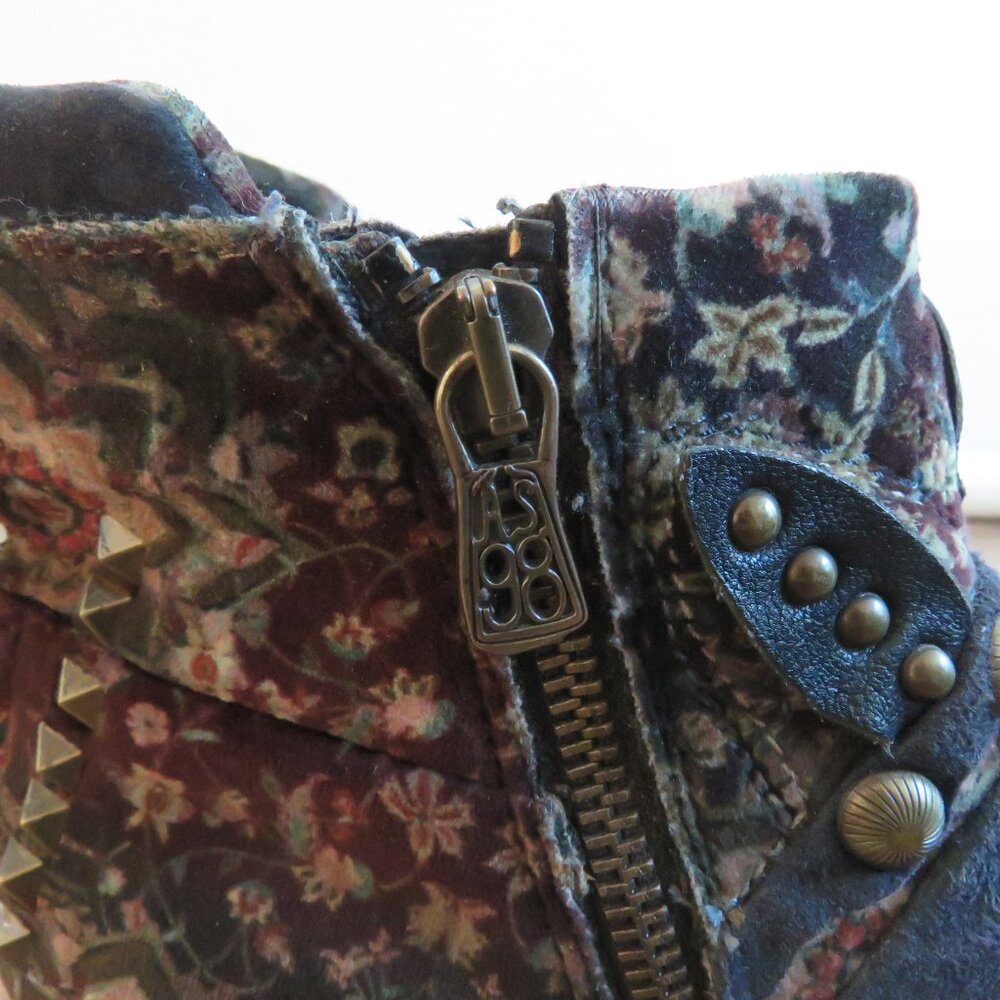A.S. 98 Blue Floral Velvet Studded Bohemian Leather Ankle Booties Boots Grunge - Picture 13 of 15